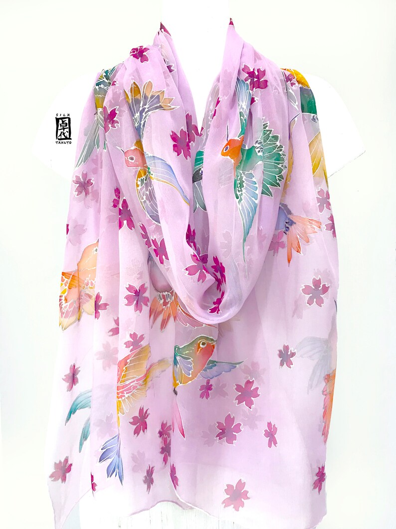 Hand Painted Pink Chiffon SIlk Shawl Wrap, Japanese Cherry Blossom with Spring Hummingbirds, Made to order image 3