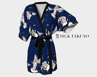 Kimono Robe Crane and Dark Blue Chrysanthemum, Made to order