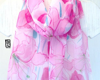 Silk Scarf Handpainted, Pink Floral Silk Chiffon Scarf, Pink Silk Scarf, Pink Lilies Wisper, Silk Takuyo,