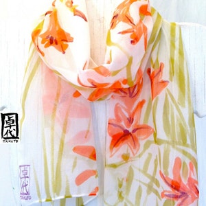 Hand Painted Silk Scarf, orange silk scarf, Japanese Scarf, Silk Painting, Art Scarf, Silk Chiffon Scarf, Japanese Freesia, Made to order image 1
