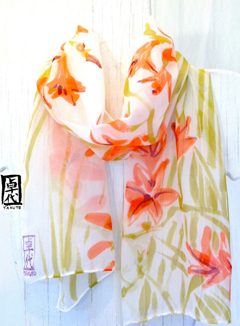 Hand Painted Silk Scarf, orange silk scarf, Japanese Scarf, Silk Painting, Art Scarf, Silk Chiffon Scarf, Japanese Freesia, Made to order image 1
