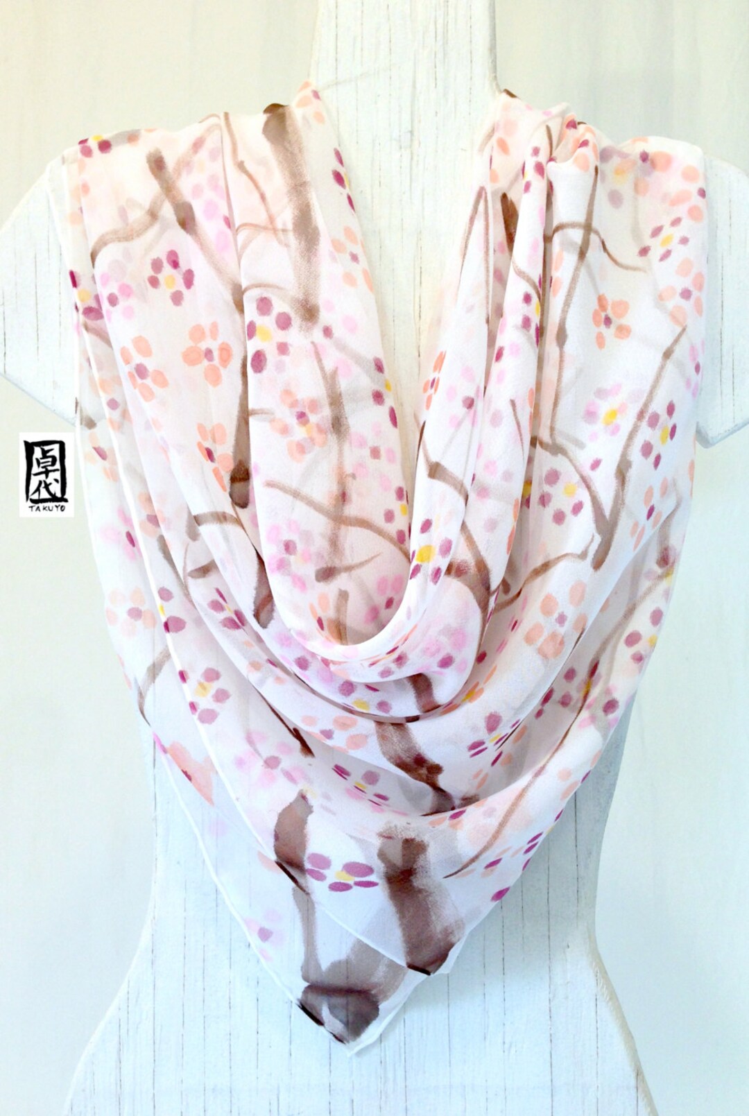 Silk Scarf - Lavender & Grey (Flowers, Cranes, Trees)