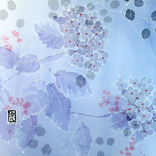 Hand Painted Silk Shawl, Blue Kimono Scarf, Chiffon Scarf, Blue Hydrangea Evening Wrap, Silk Scarves Takuyo, 22x90 inches. Made to order