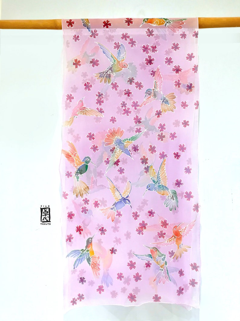 Hand Painted Pink Chiffon SIlk Shawl Wrap, Japanese Cherry Blossom with Spring Hummingbirds, Made to order image 4