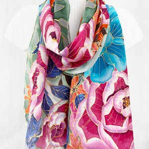 Hand Painted Japanese Silk Scarf for Women, Tokyo Kimono Peony multi color Scarf, Silk Crepe de Chine