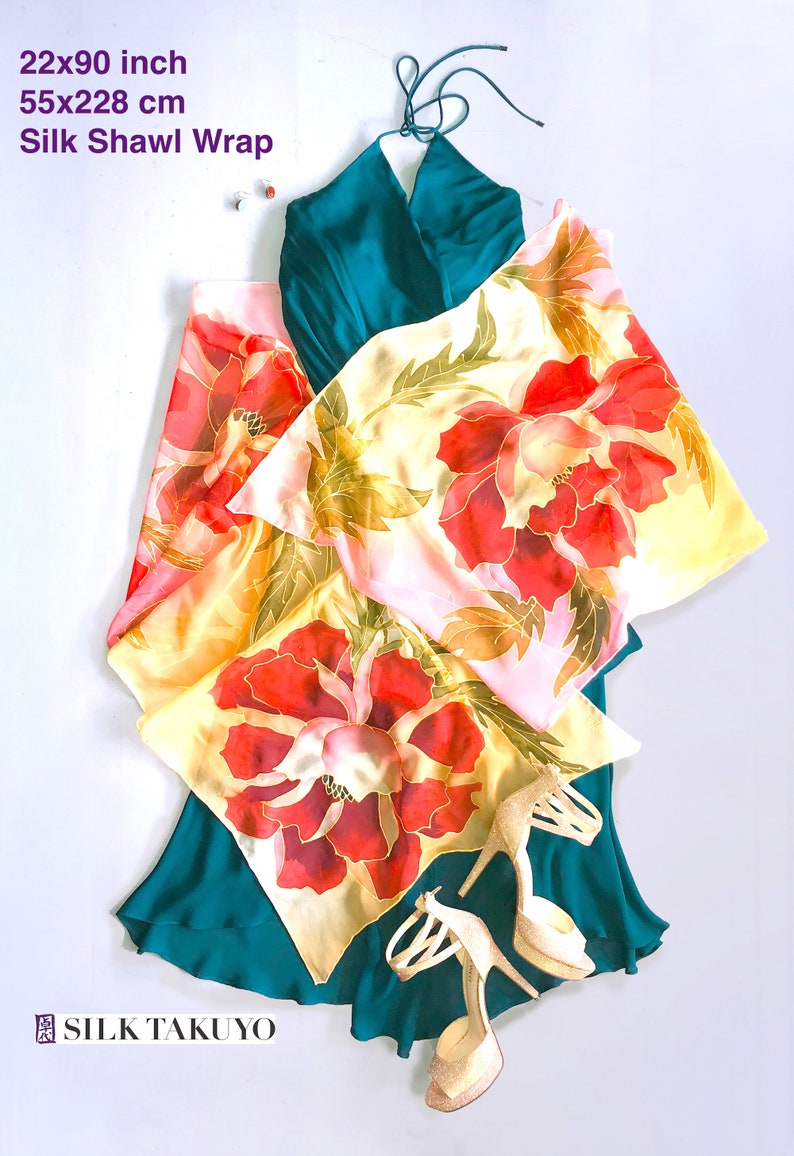 Wedding silk shawl, Hand Painted Silk Shawl, chiffon Silk scarf Pink and Gray, silk painting, kimono shawl Pink and Gray Rose, Made to order image 9