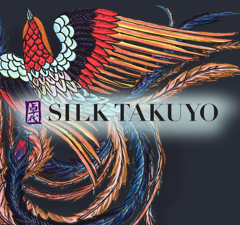 May include: A colorful illustration of a phoenix with red, yellow, and blue feathers. The phoenix is flying with its wings spread wide. The image includes the text "SILK TAKUYO" in black letters.