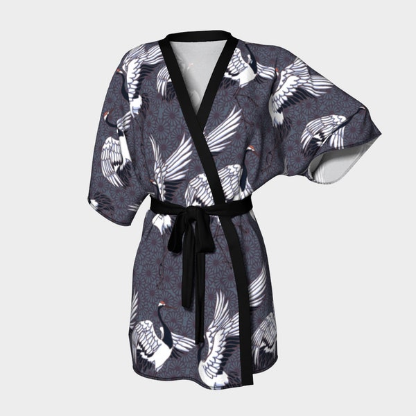 Kimono Robe Short Gray Japanese Crane and Chrysanthemum