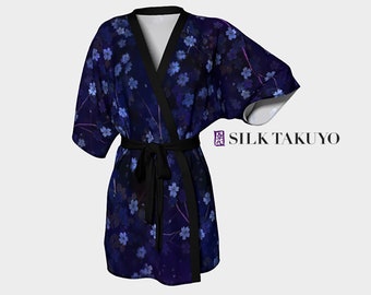 Japanese Kimono Robe, Dark Blue Night Cherry Blossom Sakura