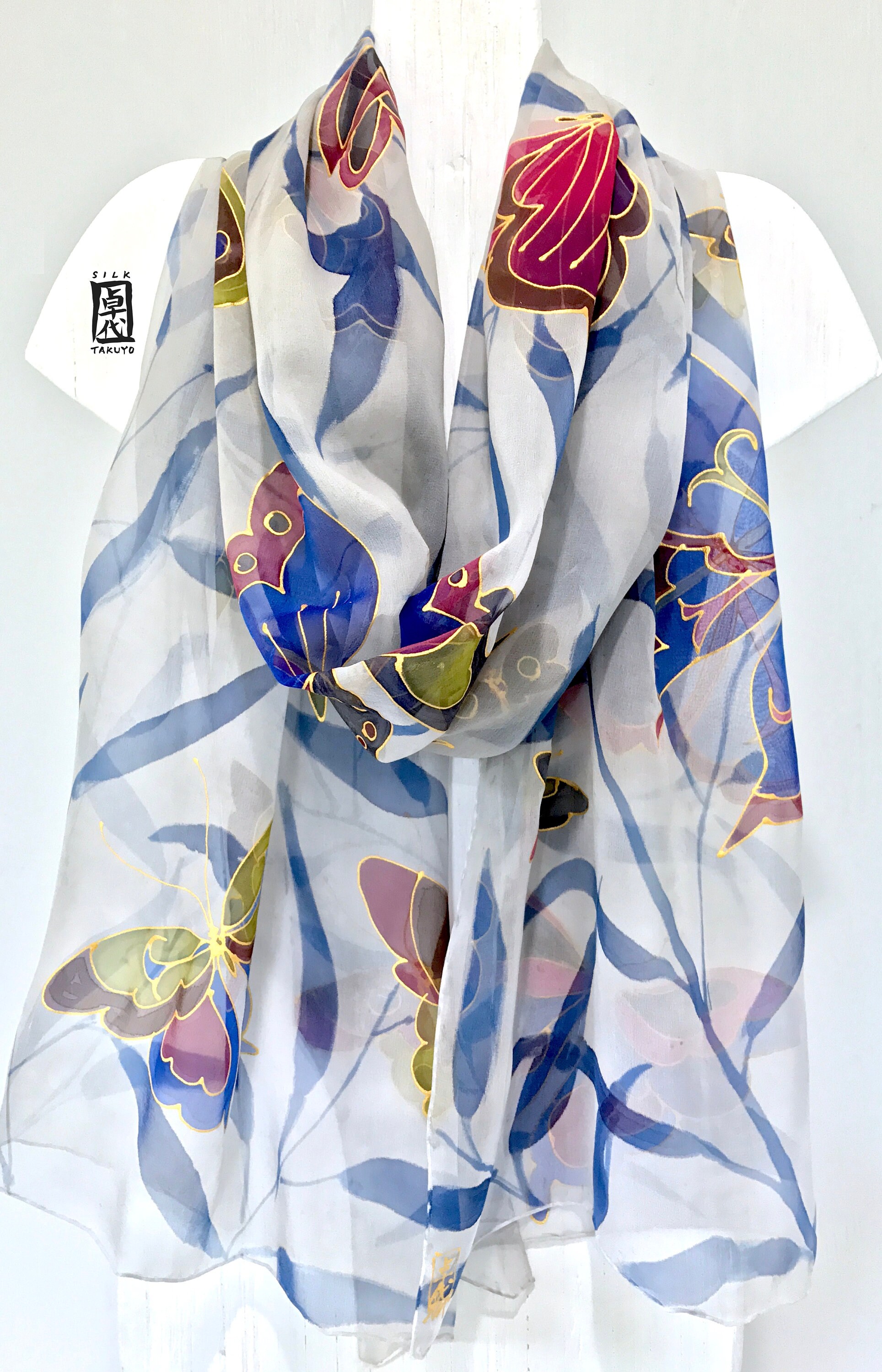 Hand Painted Silk Shawl Wrap Japan Art Gray chiffon Kimono | Etsy