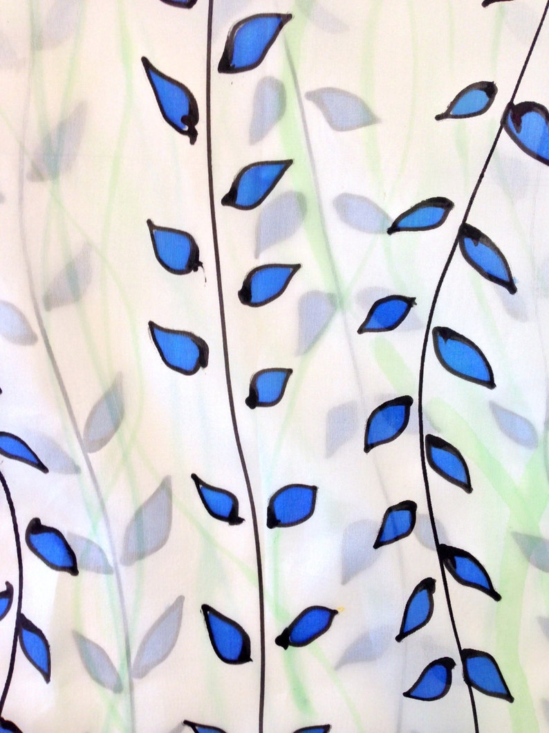 Hand Painted Silk Scarf, Blue and Green Vines Summer Scarf, White Silk Scarf, Silk Scarves Takuyo. Approx 11x60 inches. Made to order. image 3