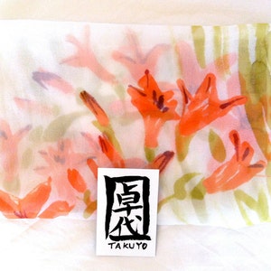 Hand Painted Silk Scarf, orange silk scarf, Japanese Scarf, Silk Painting, Art Scarf, Silk Chiffon Scarf, Japanese Freesia, Made to order image 8