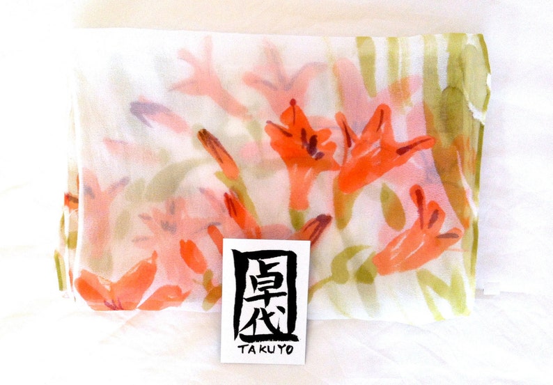 Hand Painted Silk Scarf, orange silk scarf, Japanese Scarf, Silk Painting, Art Scarf, Silk Chiffon Scarf, Japanese Freesia, Made to order image 8