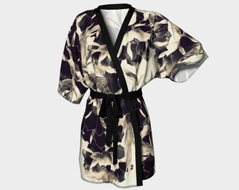 Peony Print Kimono Robe Sepia Japanese Peony