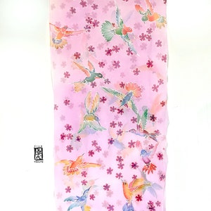 Hand Painted Pink Chiffon SIlk Shawl Wrap, Japanese Cherry Blossom with Spring Hummingbirds, Made to order image 6