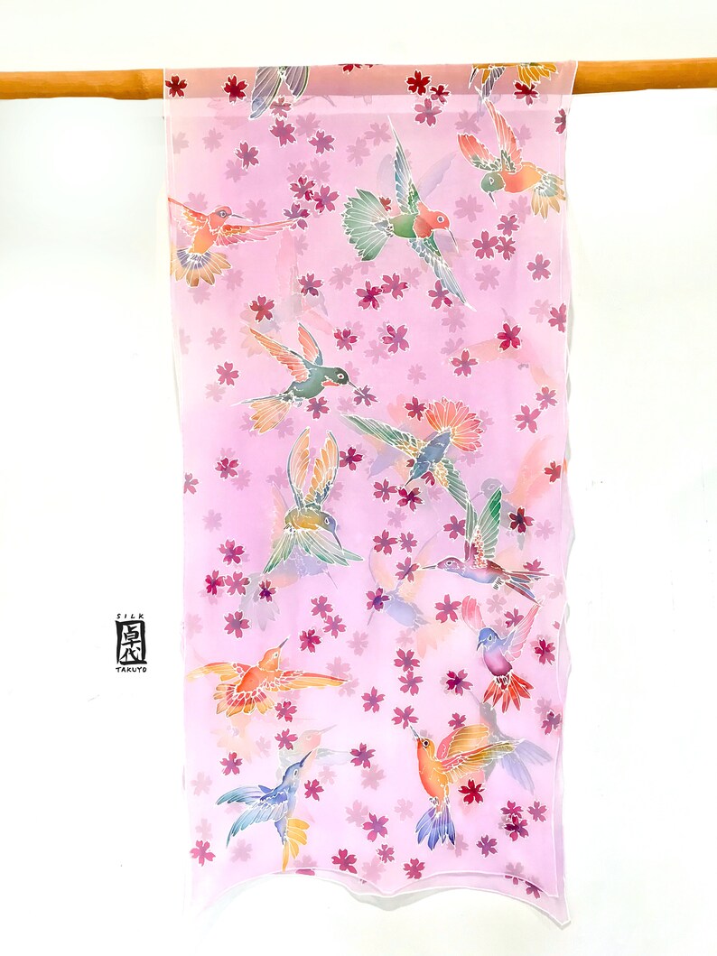 Hand Painted Pink Chiffon SIlk Shawl Wrap, Japanese Cherry Blossom with Spring Hummingbirds, Made to order image 6