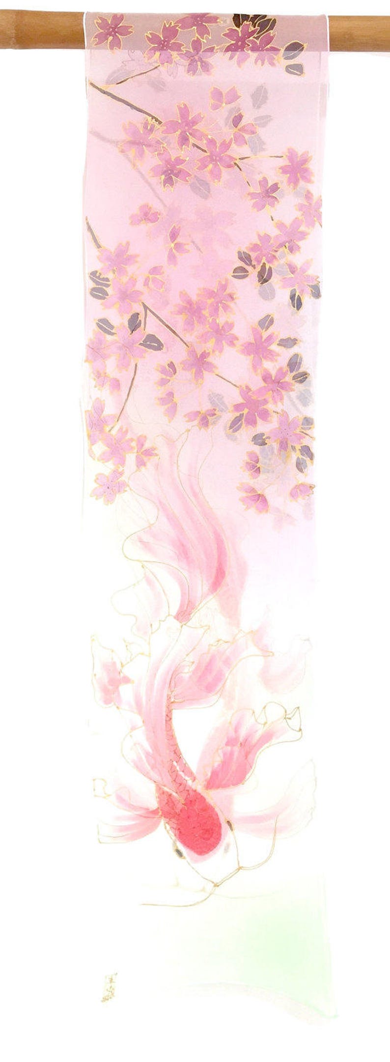 Silk Scarf Women, Handpainted Koi Art, Koi Scarf, Japanese Scarf, Takuyo, Hand Painted Scarf, Pink Cherry Blossom and Red Koi, made to order image 2