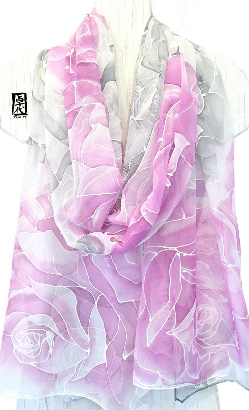 Wedding silk shawl, Hand Painted Silk Shawl, chiffon Silk scarf Pink and Gray, silk painting, kimono shawl Pink and Gray Rose, Made to order image 2