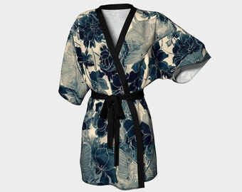 Silk Kimono Robe, Sepia Luna Moth, Short Kimono Robe in Silk Twill