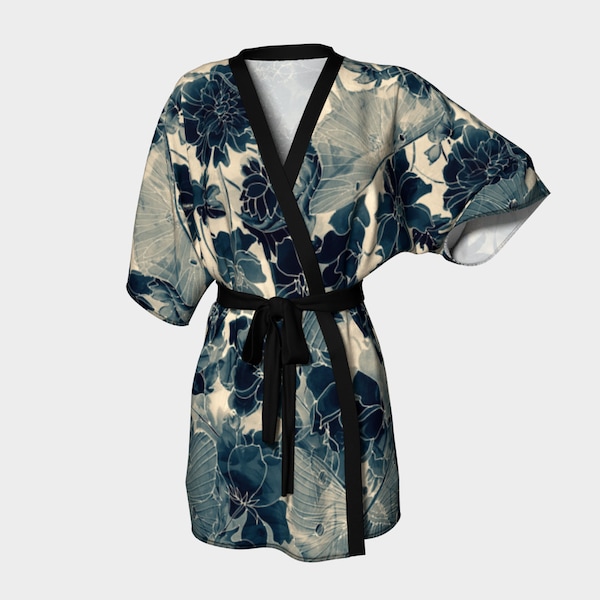 Silk Kimono Robe, Sepia Luna Moth, Short Kimono Robe in Silk Twill