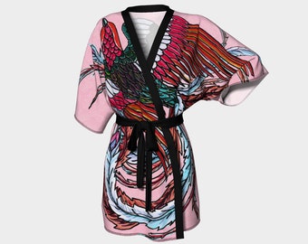 Phoenix Bird Pink Kimono Robe, Coral Pink Phoenix and Sakura