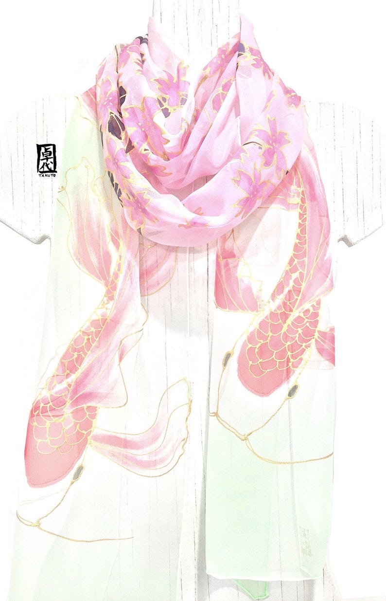 Silk Scarf Women, Handpainted Koi Art, Koi Scarf, Japanese Scarf, Takuyo, Hand Painted Scarf, Pink Cherry Blossom and Red Koi, made to order image 1