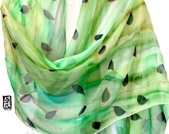 Hand Painted Silk Shawl, Green and Black Scarf Silk Evening Wrap, Green Silk Shawl Green Zen Vines, Unique Gift, Made to order, Silk Takuyo