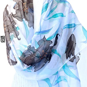 Blue Silk Scarf, Bridal Chiffon shawl Kimono Lily, Wedding Chiffon Shawl, Handpainted Scarf Unique Gift for Her, Takuyo, Made to order