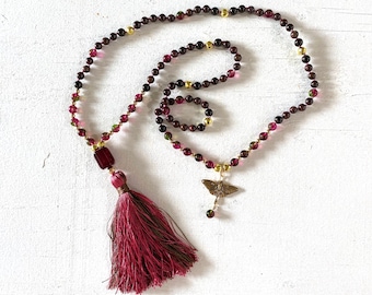 Cranberry Red Agate and Garnet Stone Mala Beads, Pure 14K Gold accent bead and pure silk tassels, Strength, Courage, Protection