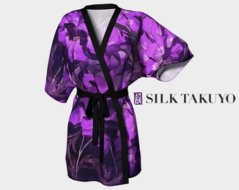 Kimono Robe Short Purple Japanese Peony Print, Purple Midnight Peony