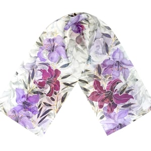 100% Silk Scarf printed Hand Painted Silk Art, Purple Lily Flowers, Unique Gift