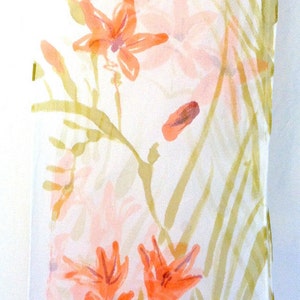 Hand Painted Silk Scarf, orange silk scarf, Japanese Scarf, Silk Painting, Art Scarf, Silk Chiffon Scarf, Japanese Freesia, Made to order image 5
