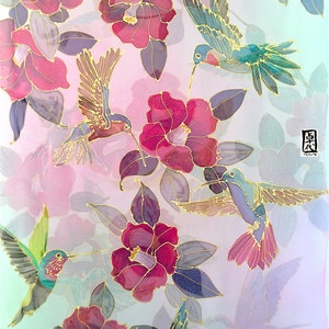 Bird Scarf Formal Evening Wrap, Bridal Silk Shawl, Handpainted Scarf Hummingbird & Camellia Kimono, takuyo, Chiffon Shawl, Made to order
