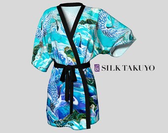 Japanese Kimono Robe, Blue Ocean Crane Bird, Blue Kimono Robe Short,  Made to order
