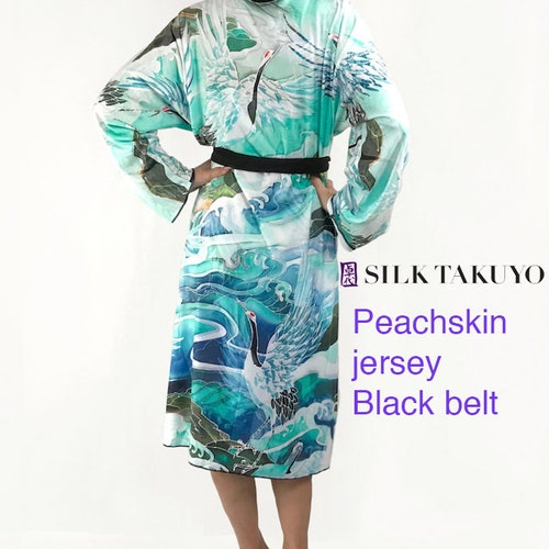 Kimono Robe shops Long, Dark Blue Clematis Vine