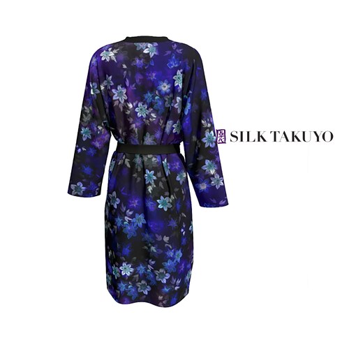 Kimono Robe shops Long, Dark Blue Clematis Vine