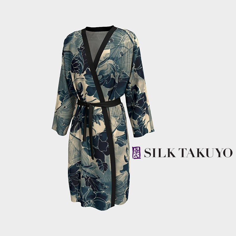 Japanese Kimono Robe shops Long, Moon Godess Luna Moth, Sepia Japanese Robe