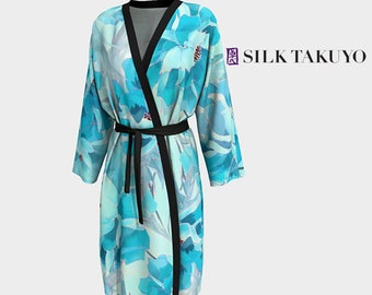 Blue Kimono Bridesmaids Robe Long, Japanese Kimono Robe for women, Pastel Blue Peony