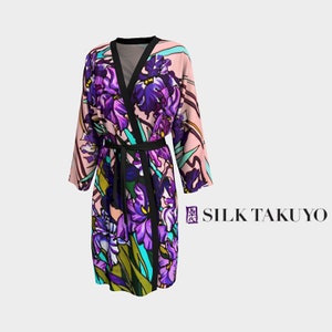 Long Kimono Robe Pink, Japanese Kimono Cover Up, Purple Iris