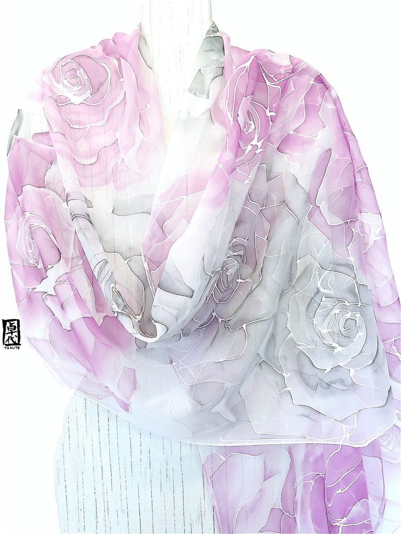 Wedding silk shawl, Hand Painted Silk Shawl, chiffon Silk scarf Pink and Gray, silk painting, kimono shawl Pink and Gray Rose, Made to order image 6