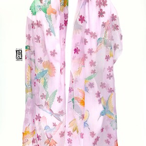 Hand Painted Pink Chiffon SIlk Shawl Wrap, Japanese Cherry Blossom with Spring Hummingbirds, Made to order image 9