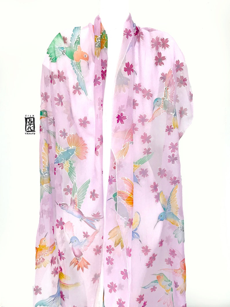 Hand Painted Pink Chiffon SIlk Shawl Wrap, Japanese Cherry Blossom with Spring Hummingbirds, Made to order image 9