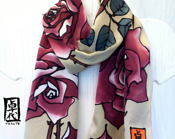 Hand Painted Silk Scarf. Burgundy Red Roses Scarf. Silk Etsy