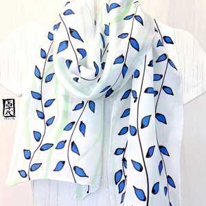 Hand Painted Silk Scarf, Blue and Green Vines Summer Scarf, White Silk Scarf, Silk Scarves Takuyo. Approx 11x60 inches. Made to order. image 1