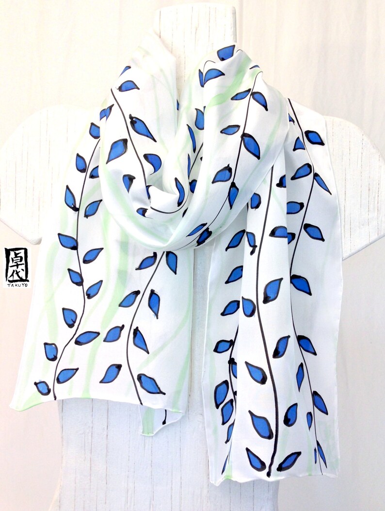 Hand Painted Silk Scarf, Blue and Green Vines Summer Scarf, White Silk Scarf, Silk Scarves Takuyo. Approx 11x60 inches. Made to order. image 1
