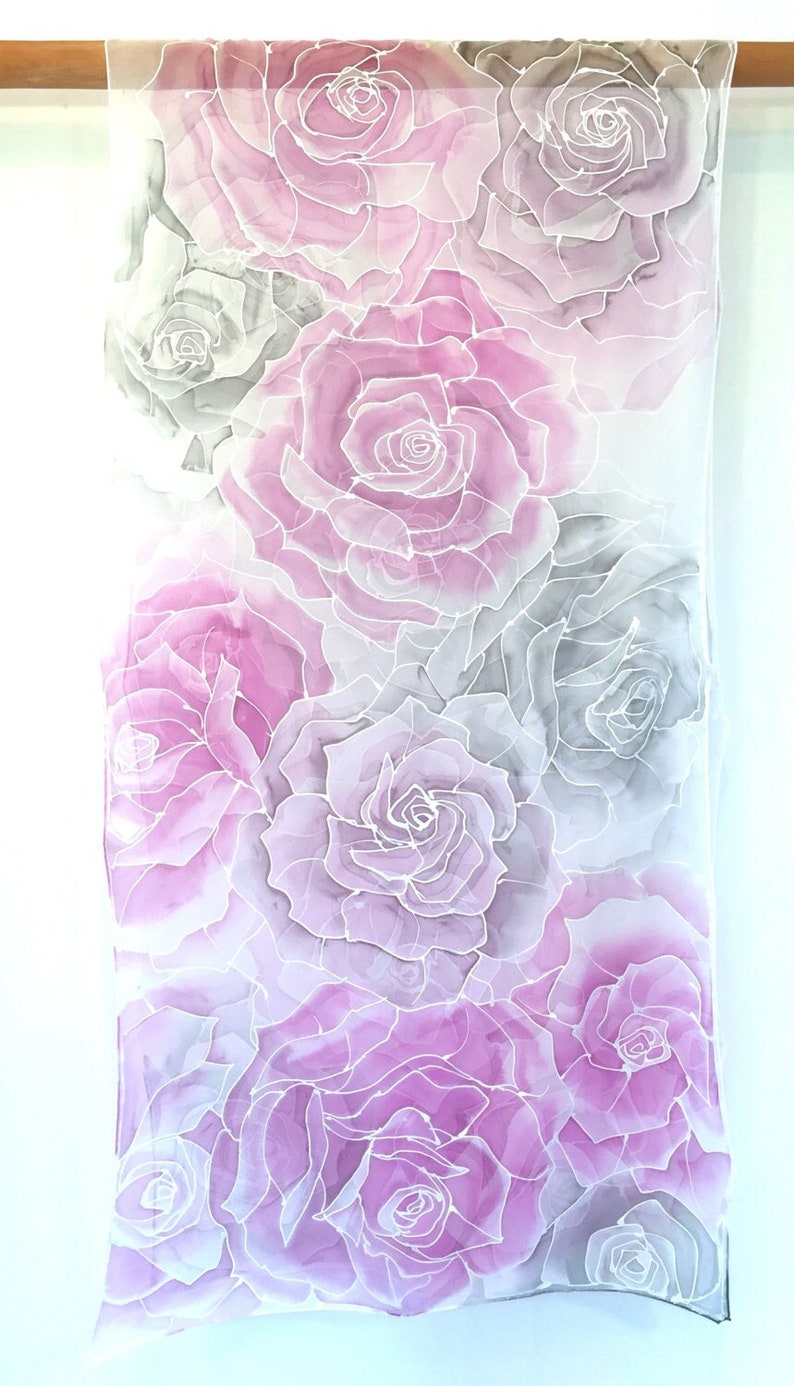 Wedding silk shawl, Hand Painted Silk Shawl, chiffon Silk scarf Pink and Gray, silk painting, kimono shawl Pink and Gray Rose, Made to order image 1