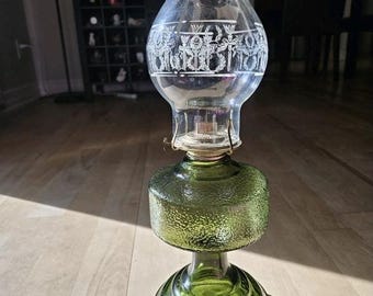 Vintage Green Glass Oil Lamp – Etched Chimney, Brass Burner, 19" Mid-Century Decor