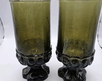 Vintage Avocado Green Goblets - Mid Century Textured Glass Tumblers, Set of 2