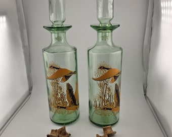Juego de decantador vintage con forma de ganso, de vidrio verde, par, artículos de bar de mediados de siglo, decoración de caza de patos