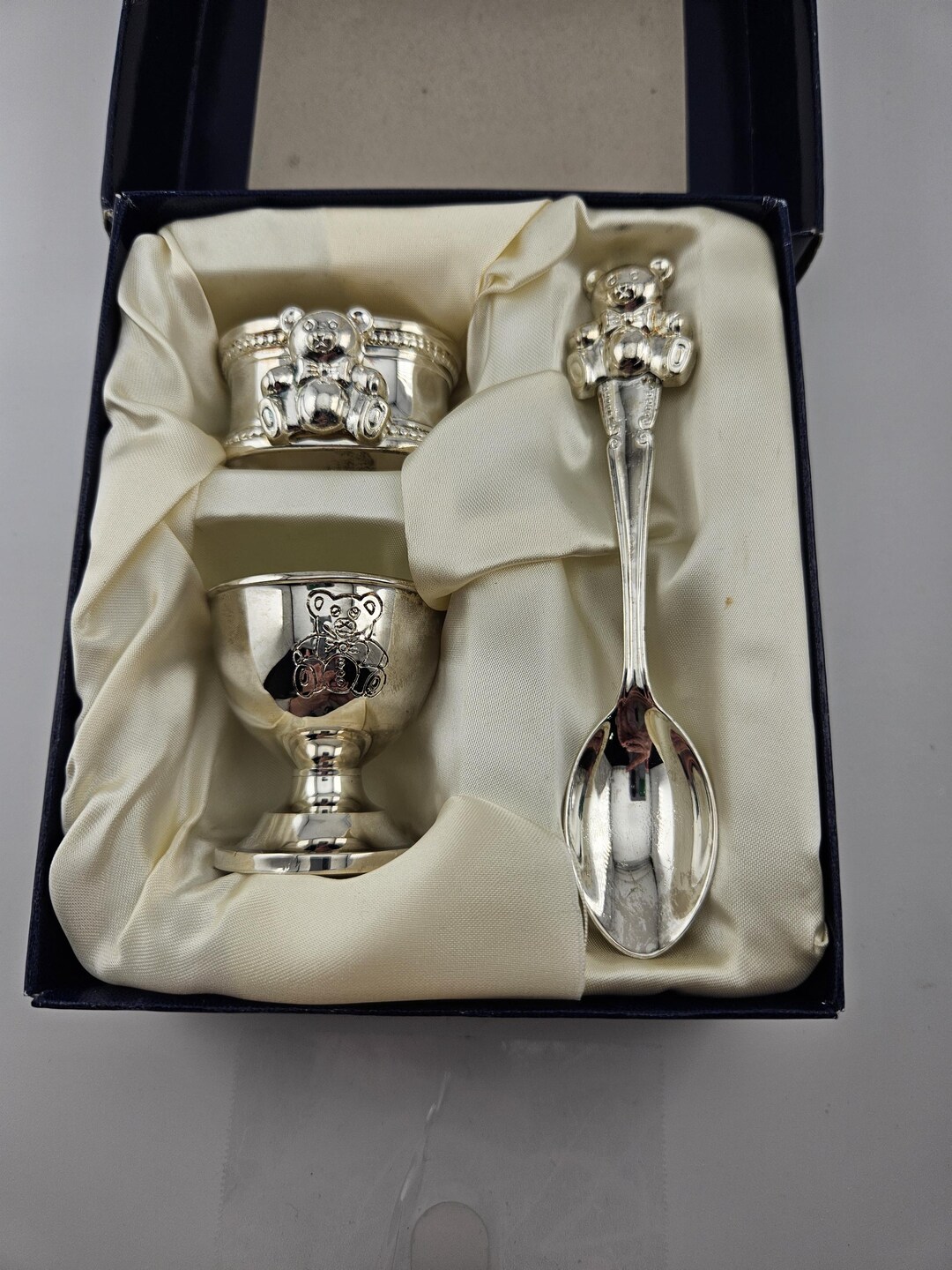 Vintage Silverplate Teddy Bear Baby Gift Set Spoon Egg Cup Napkin Ring ...